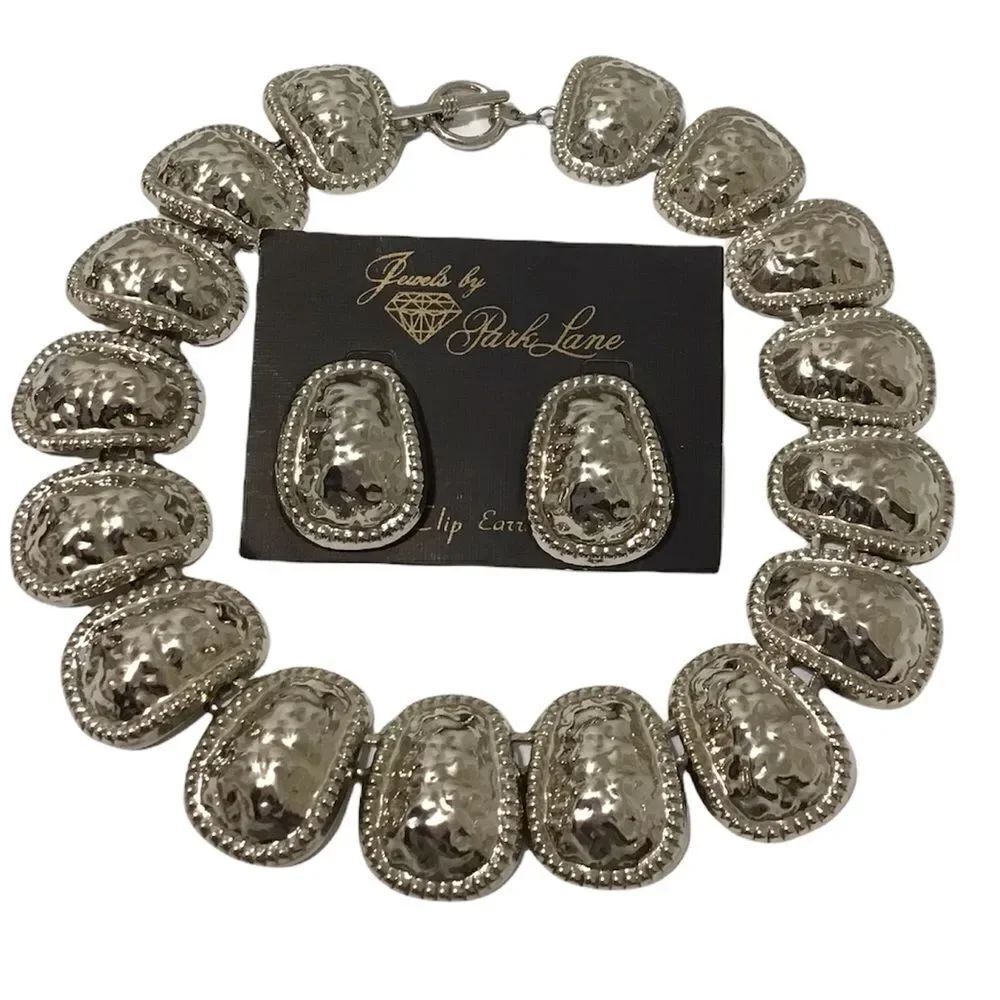 Park Lane Vintage Silver Hammered Statement Piece Necklace And Earrings Set